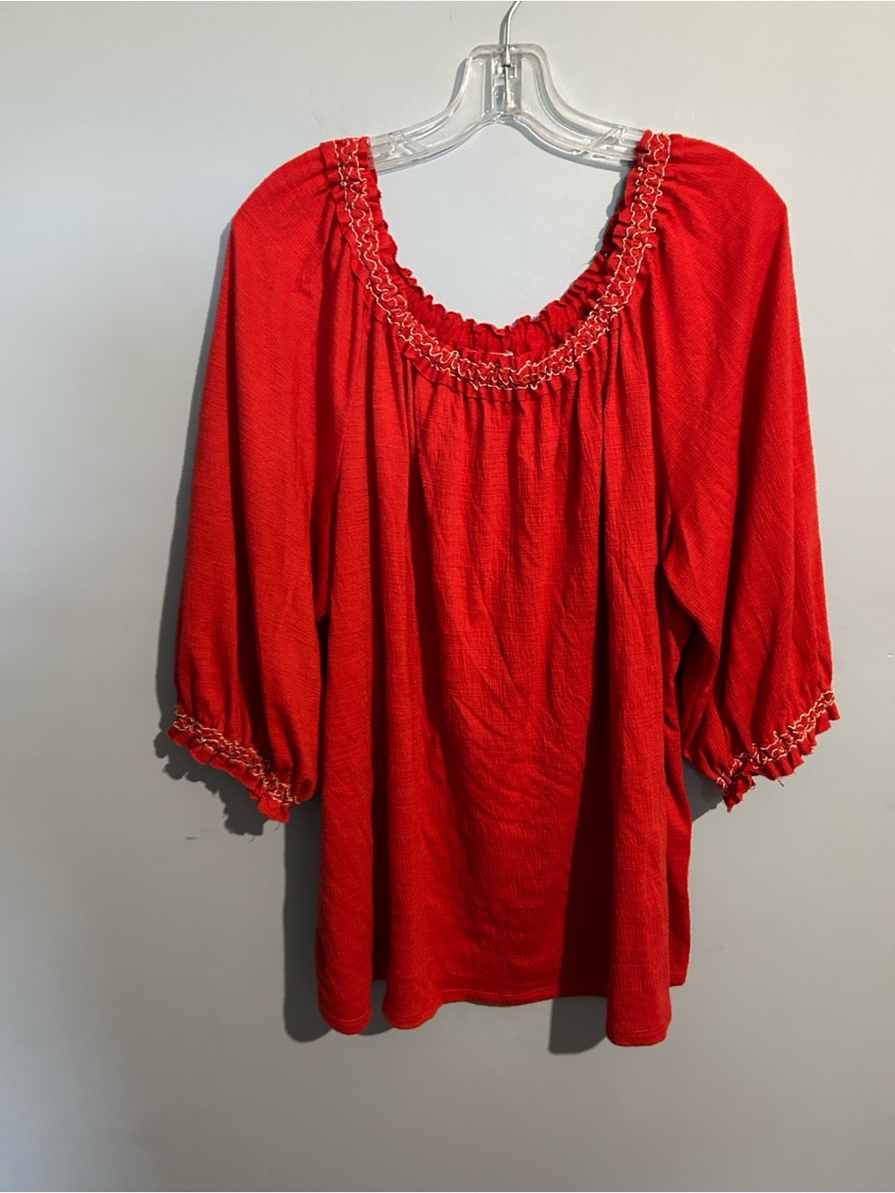 Max Studio Red Peasant Tunic with Smocked Trim